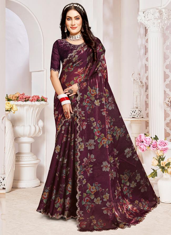 Crystal Organza Silk Wine Wedding Wear Hand Work Saree